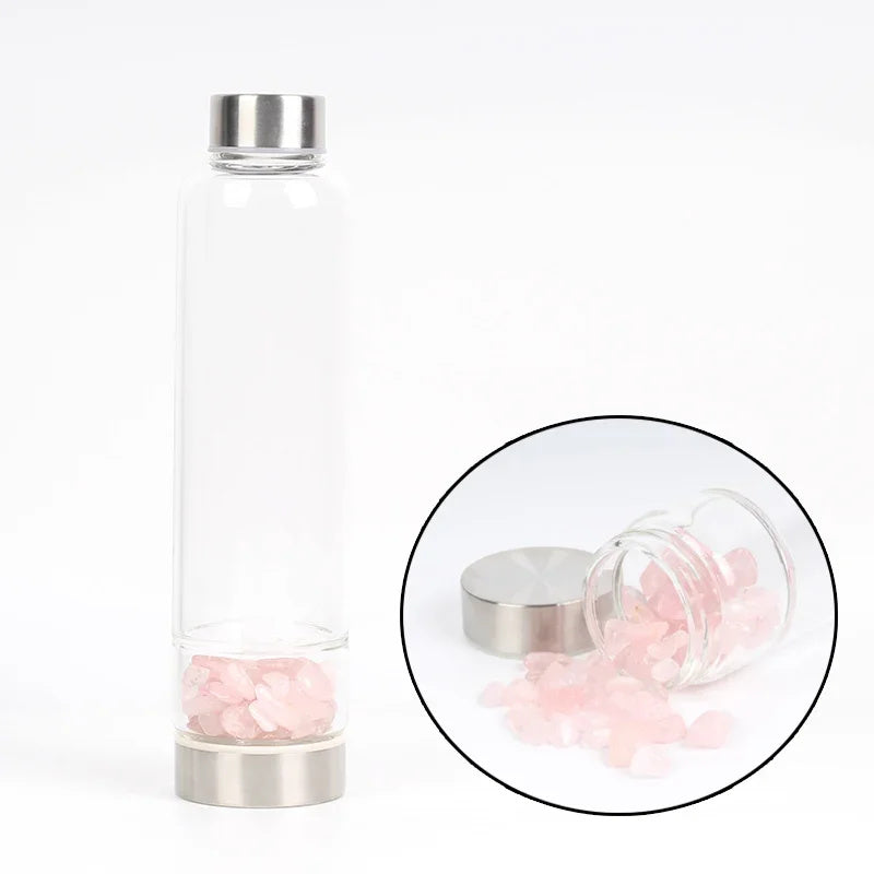 Premium Natural Quartz Crystal Glass Water Bottle – 550ML Healing Infused Elixir Cup with Irregular Stone Point Wand – High 