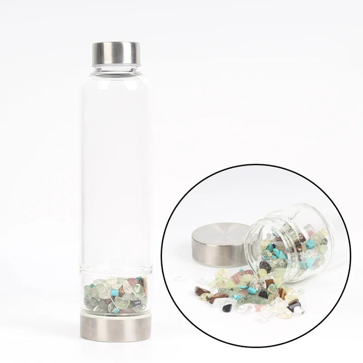 Premium Natural Quartz Crystal Glass Water Bottle – 550ML Healing Infused Elixir Cup with Irregular Stone Point Wand – High 