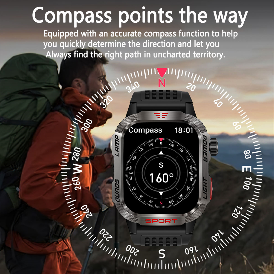 Premium GPS Smartwatch for Men – 2.01" HD Display, Waterproof, Bluetooth Calling, Compass, Flashlight, Fitness Tracker, 600m 