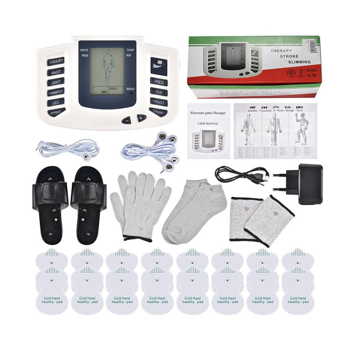 Premium EMS Unit Physiotherapy Massager Set with 16 Therapy Patches, Digital Muscle Stimulator, Relaxation Slippers, Gloves, 