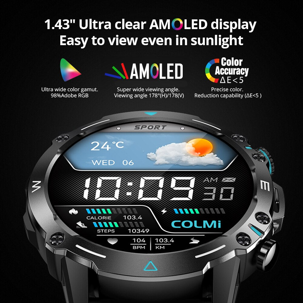 Premium Smartwatch with 1.43" AMOLED Display – Voice Calling, 100 Sports Modes, Military Grade Toughness, Waterproof, 7-Day 