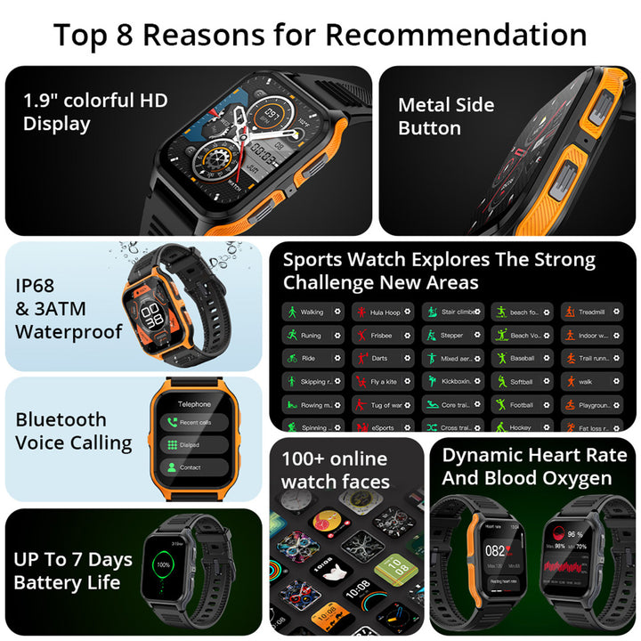 Premium Smartwatch for Men & Women, 1.96" AMOLED, Bluetooth Calling, 100+ Sport Modes, IP68 Waterproof, Health Monitoring,