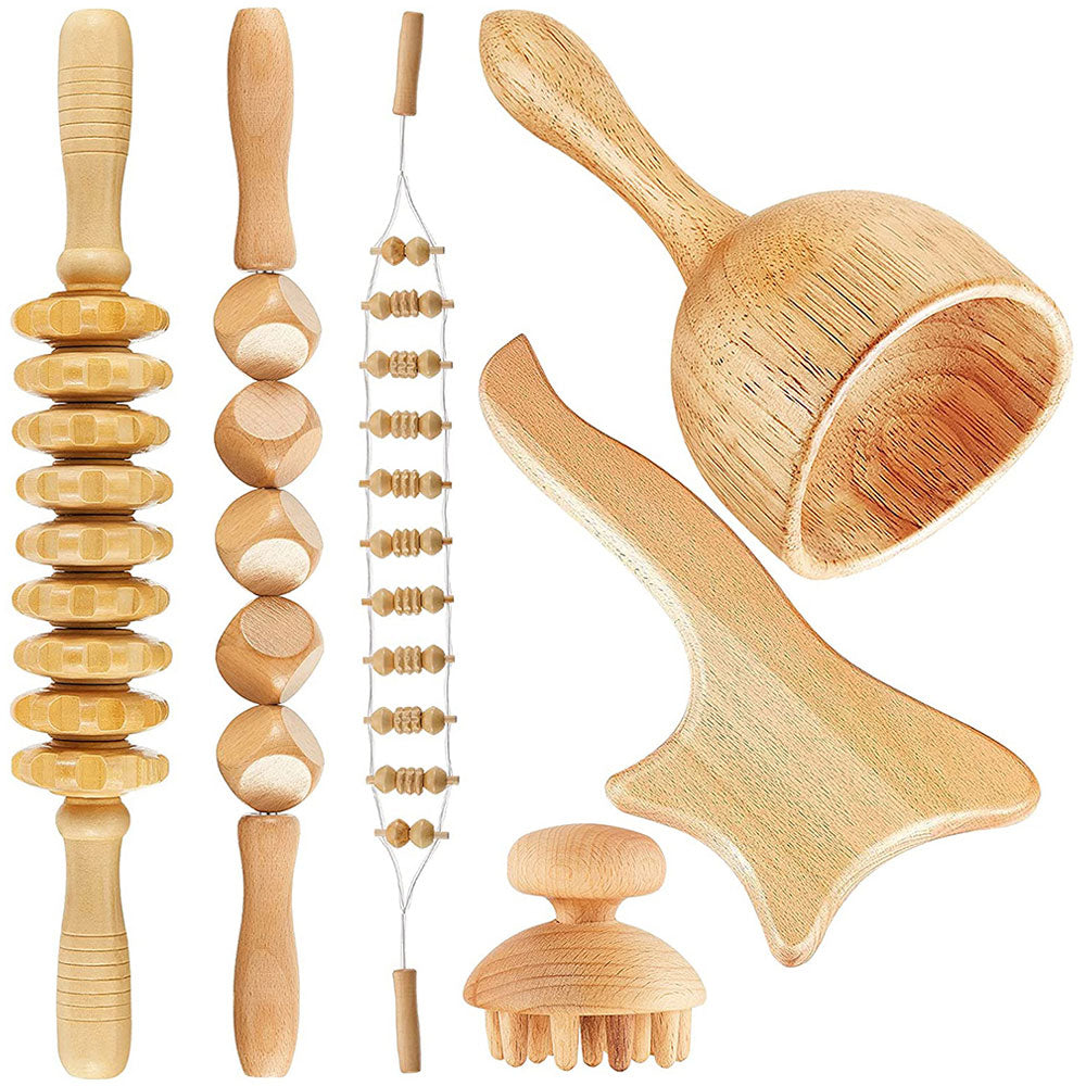 Premium 6-in-1 Wood Therapy Massage Tool Set for Lymphatic Drainage, Anti-Cellulite Fascia Massage Roller, Muscle Relaxation