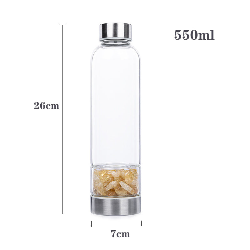 Premium Natural Quartz Crystal Glass Water Bottle – 550ML Healing Infused Elixir Cup with Irregular Stone Point Wand – High 