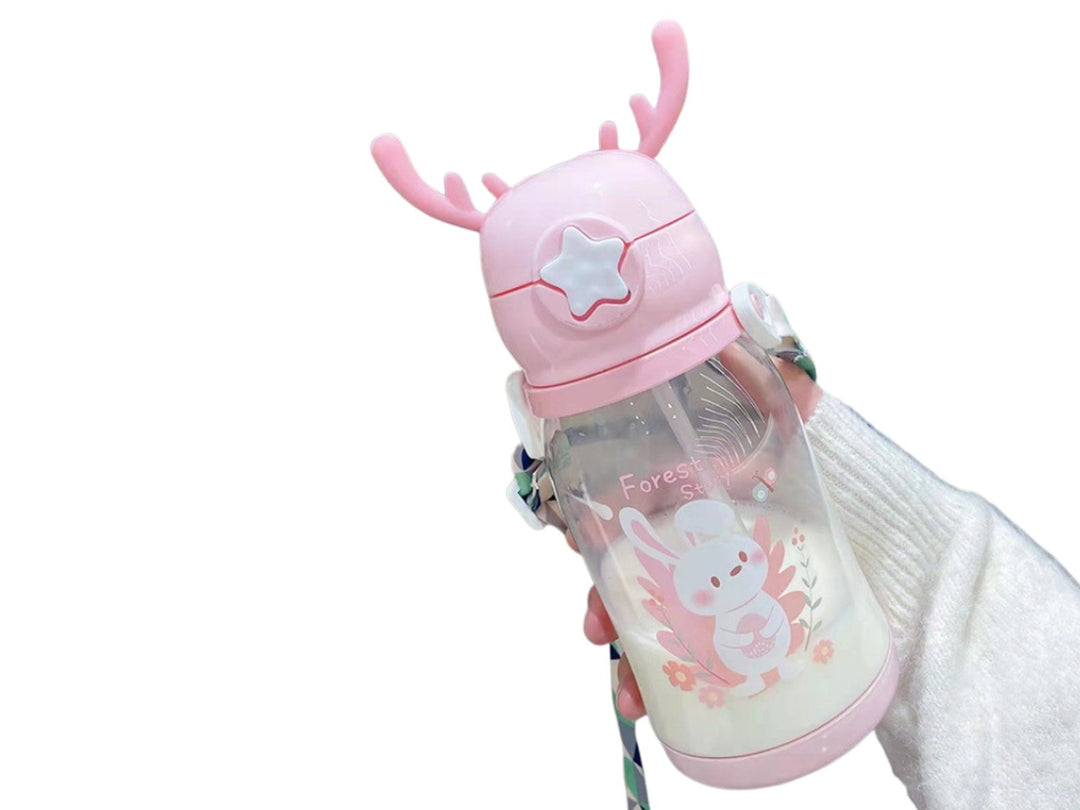 Premium Kids Antler Straw Water Bottle – Large Capacity, High-Quality Plastic, Leak-Proof Design, Cute Deer-Inspired Look, 