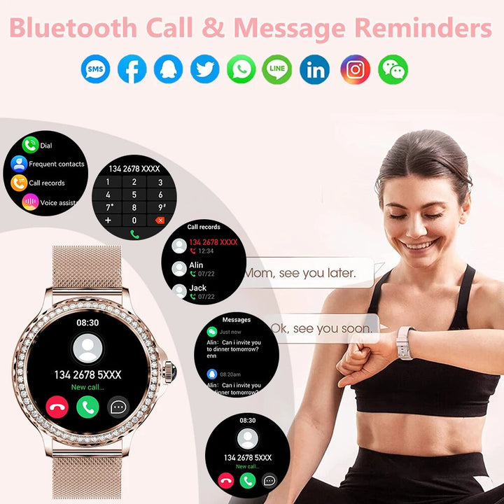 Premium Smartwatch for Women – Bluetooth Call, 100+ Sports Modes, Fitness Tracker, DIY Dials, Stylish Rosegold Design, 