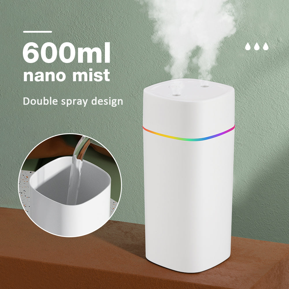 High Quality 600ml USB Air Humidifier with Double Spray Ports, Essential Oil Aromatherapy Cool Mist Maker for Home & Office