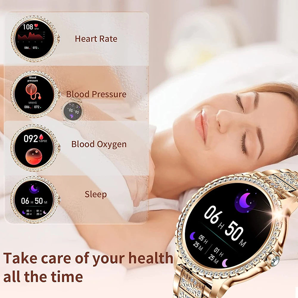 Premium Luxury Women's Smartwatch – Heart Rate, Blood Oxygen, Sleep Monitoring, Bluetooth Call, Diamond Bracelet, 1.32" HD 