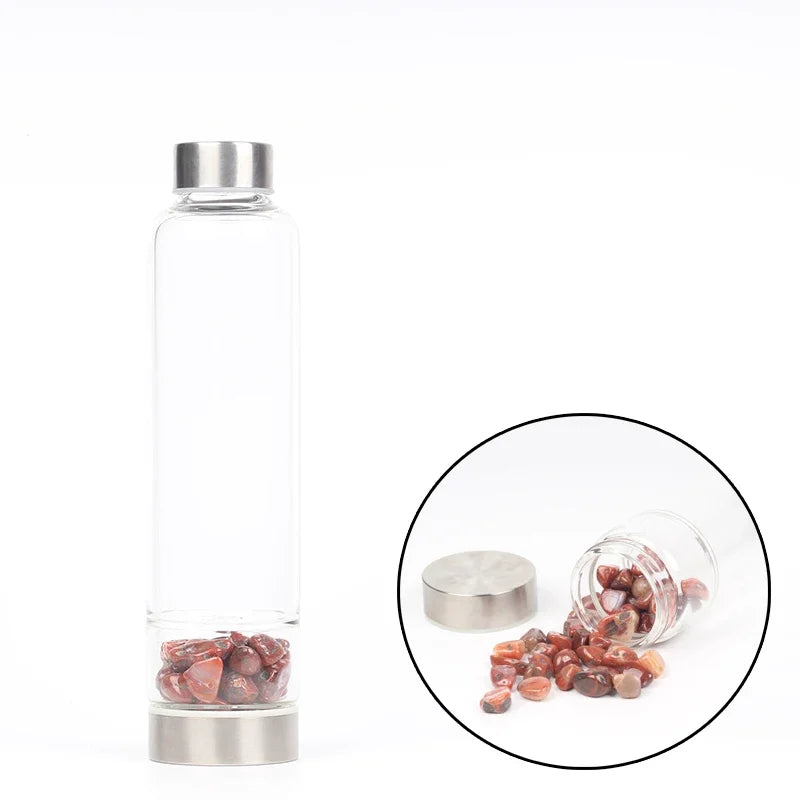 Premium Natural Quartz Crystal Glass Water Bottle – 550ML Healing Infused Elixir Cup with Irregular Stone Point Wand – High 