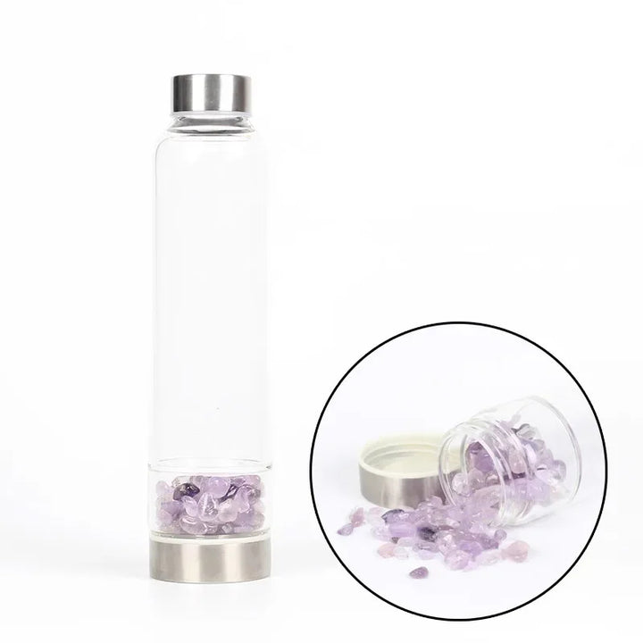 Premium Natural Quartz Crystal Glass Water Bottle – 550ML Healing Infused Elixir Cup with Irregular Stone Point Wand – High 