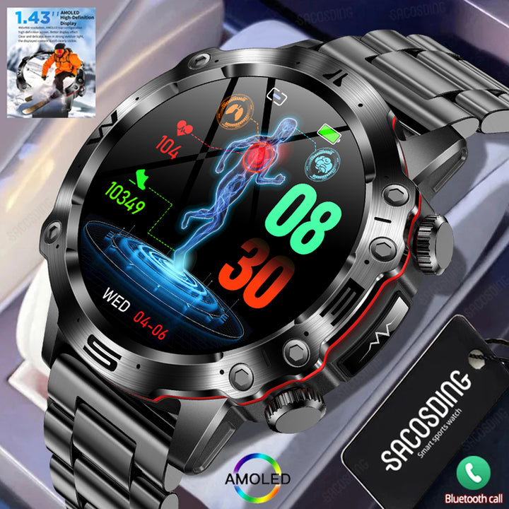 Premium Smartwatch with 1.43" AMOLED Display – Voice Calling, 100 Sports Modes, Military Grade Toughness, Waterproof, 7-Day 