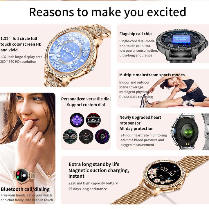 Premium Luxury Women's Smartwatch – Heart Rate, Blood Oxygen, Sleep Monitoring, Bluetooth Call, Diamond Bracelet, 1.32" HD 