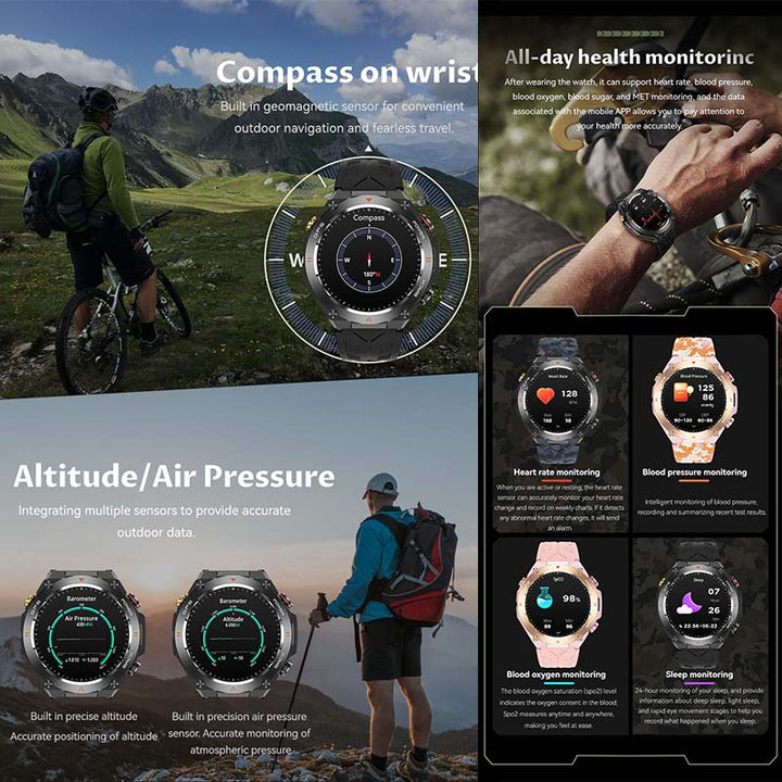 Premium Outdoor Smartwatch for Men – Waterproof 1ATM, GPS, Compass, Altitude, Barometric Pressure, Health Monitoring, 