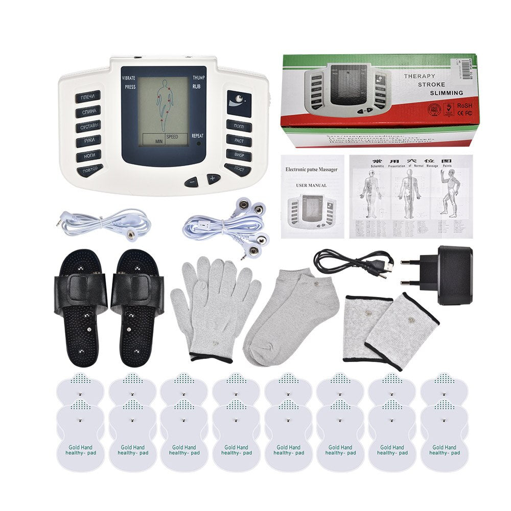 Premium EMS Unit Physiotherapy Massager Set with 16 Therapy Patches, Digital Muscle Stimulator, Relaxation Slippers, Gloves, 