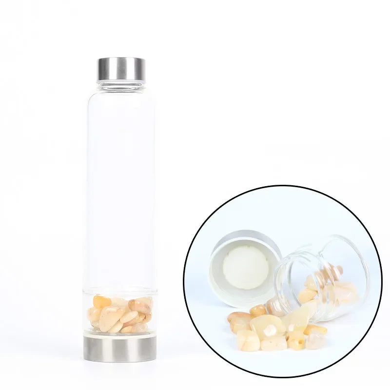 Premium Natural Quartz Crystal Glass Water Bottle – 550ML Healing Infused Elixir Cup with Irregular Stone Point Wand – High 