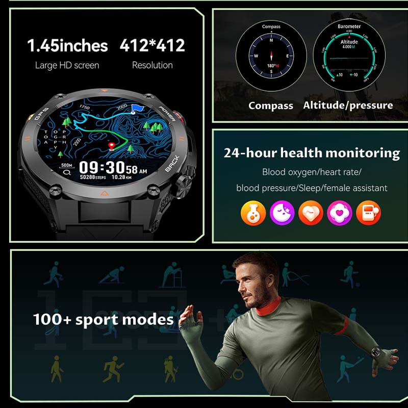 Premium Outdoor Smartwatch for Men – Waterproof 1ATM, GPS, Compass, Altitude, Barometric Pressure, Health Monitoring, 