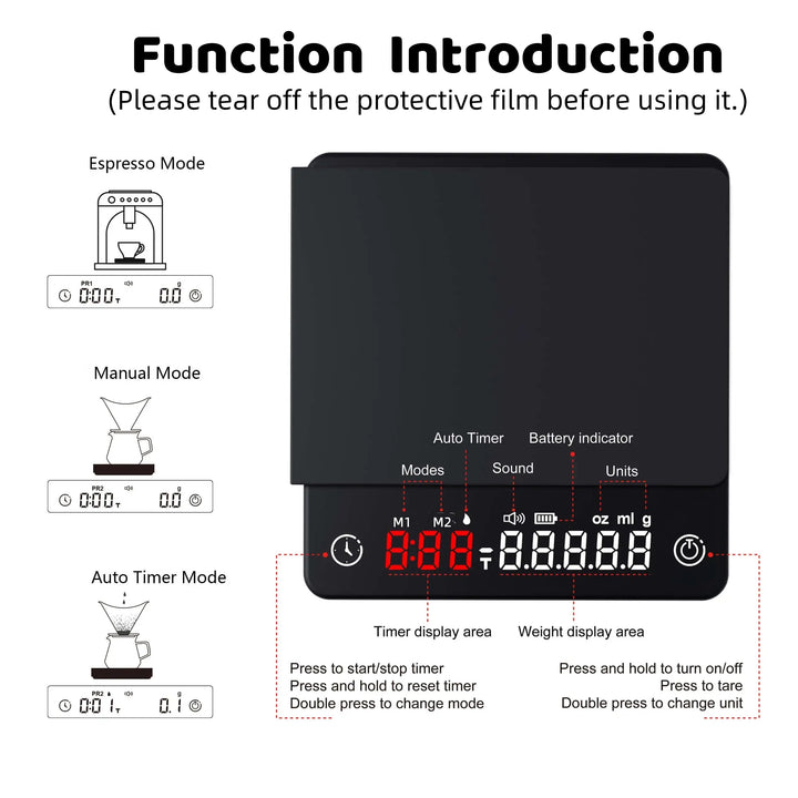 Premium Mini Espresso Coffee Scale - Smart Timer Kitchen Balance, USB Rechargeable, 2kg/0.1g Precision Measurement 