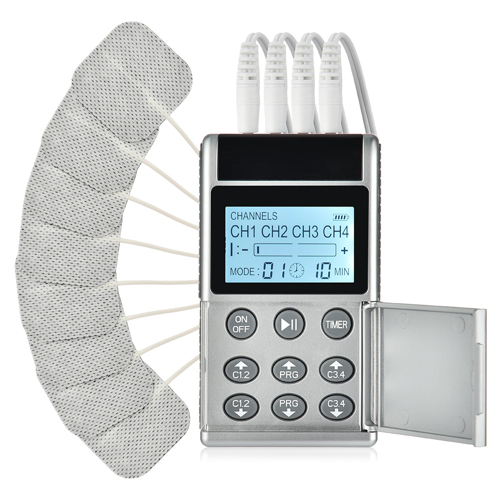 Premium EMS Unit Physiotherapy Massager Set with 16 Therapy Patches, Digital Muscle Stimulator, Relaxation Slippers, Gloves, 