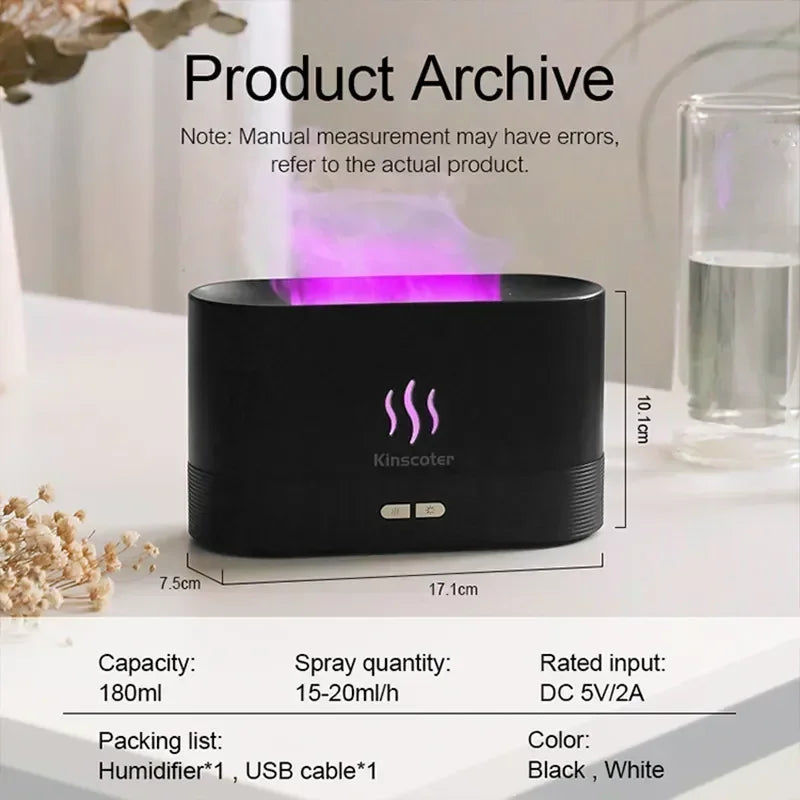 Premium Aromatherapy Diffuser & Air Humidifier - Ultrasonic Cool Mist, LED Essential Oil Flame Lamp, Quiet Operation, 180ml 