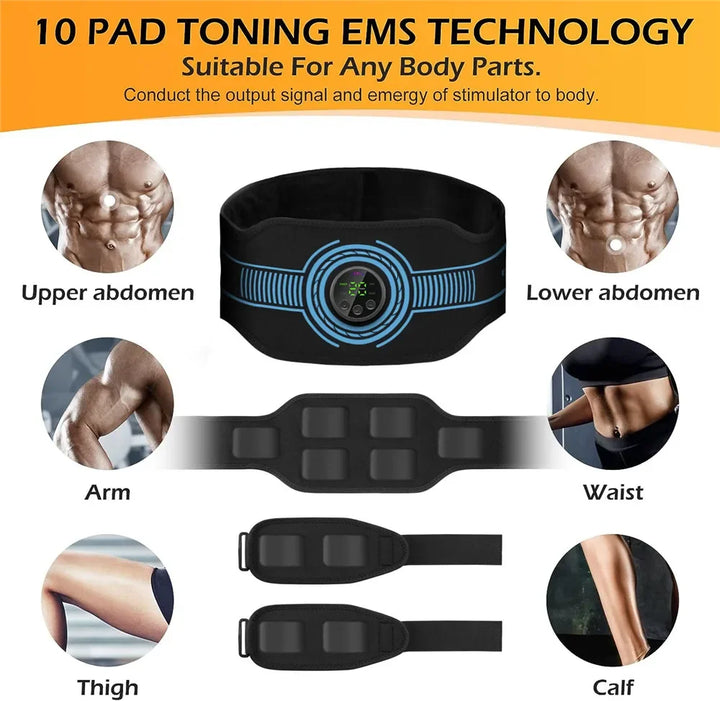 Premium EMS Muscle Stimulator Abdominal Trainer Massage Belt - 10 Modes, 30 Strength Levels, USB Rechargeable, Slim Belly and