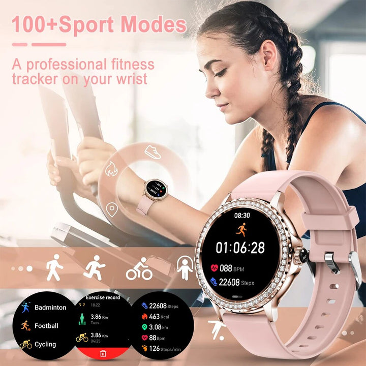 Premium Smartwatch for Women – Bluetooth Call, 100+ Sports Modes, Fitness Tracker, DIY Dials, Stylish Rosegold Design, 