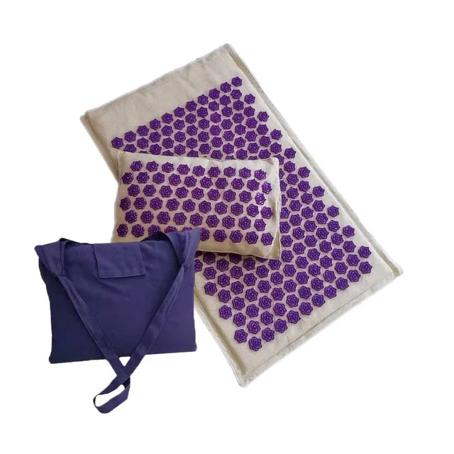 Premium Coconut Palm Acupressure Yoga Mat Set – 74x44cm Nature Linen Cushion & Pillow for Relaxation – Lightweight, Portable, with Canvas Bag – Available in Light Blue, Purple, Green, Dark Purple