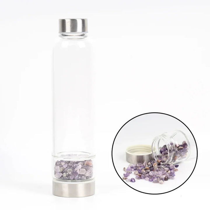 Premium Natural Quartz Crystal Glass Water Bottle – 550ML Healing Infused Elixir Cup with Irregular Stone Point Wand – High 