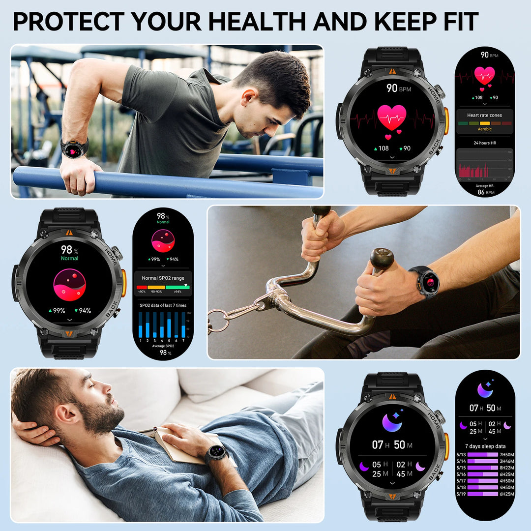 Premium Smart Watch for Men, Bluetooth Call, Full Touchscreen, Health Monitor, IP68 Waterproof, Fitness Tracker, Flashlight, Custom Faces, iOS & Android Compatible