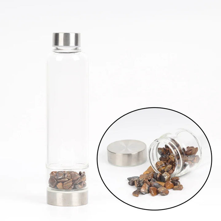 Premium Natural Quartz Crystal Glass Water Bottle – 550ML Healing Infused Elixir Cup with Irregular Stone Point Wand – High 