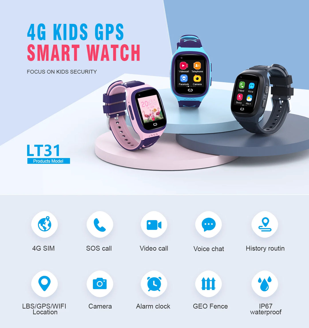 Premium Kids 4G Smart Watch - GPS Tracker, Video Calls, SOS, Waterproof, Camera, Location Monitor