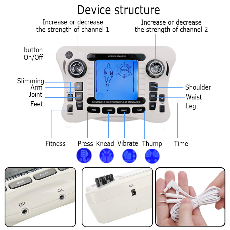 Luxury 12 Modes Electric TENS Pulse Massager - EMS Muscle Stimulator for Pain Relief, Acupuncture Therapy, Slimming & Fat 