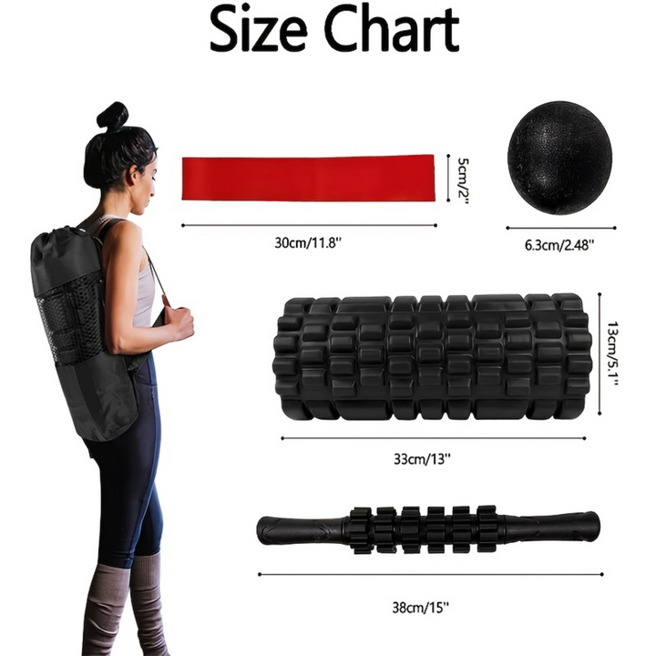 Premium 6-in-1 Yoga Training Kit for Fitness, Pilates & Muscle Recovery, Includes Foam Roller, Massage Stick, Tension Band