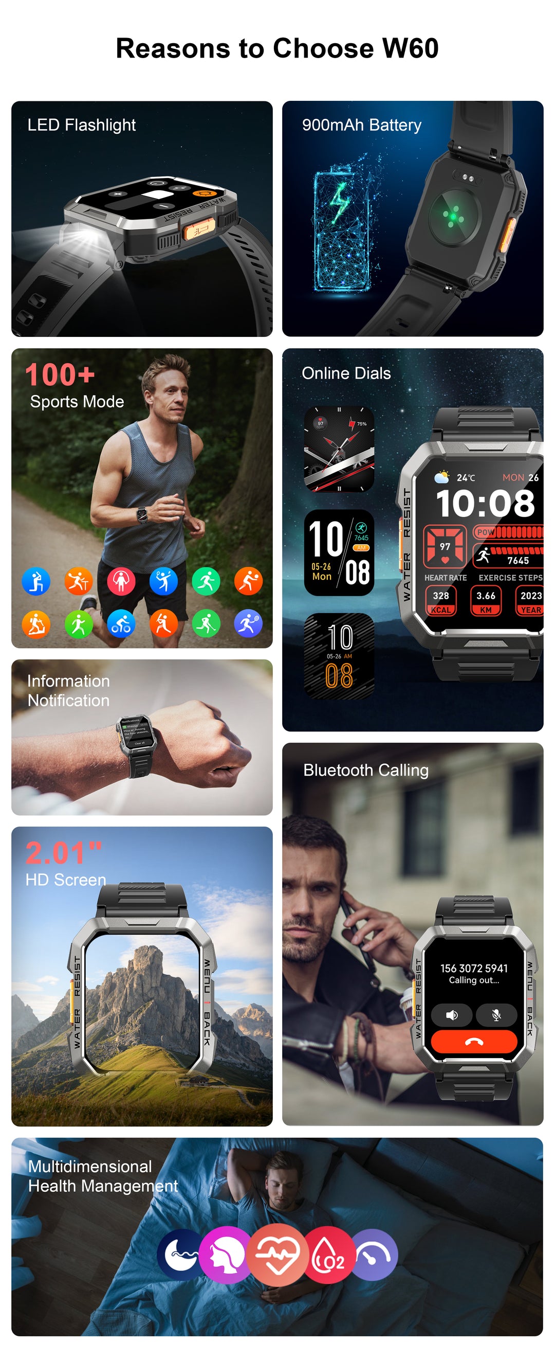 Premium Rugged Smartwatch for Outdoor – 2.01" HD TFT Display, Bluetooth Calling, 900mAh Battery, Heart Rate & Blood Oxygen 