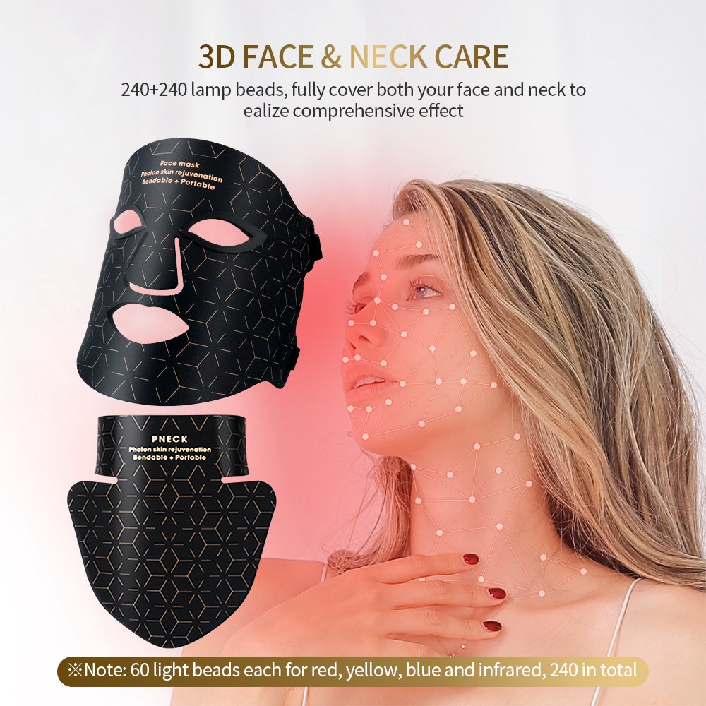 Premium Silicone LED Facial Mask with Neck Coverage - 4 Colors Photon Light Therapy, 168 LED Beads, Anti-Aging, Acne 