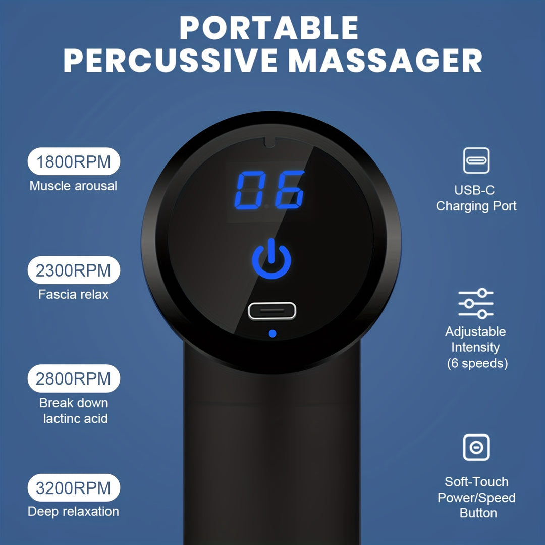 High-Quality Portable Massage Gun, 6-Speed Deep Tissue Percussion Massager with 4 Replaceable Heads, Rechargeable USB-Powered