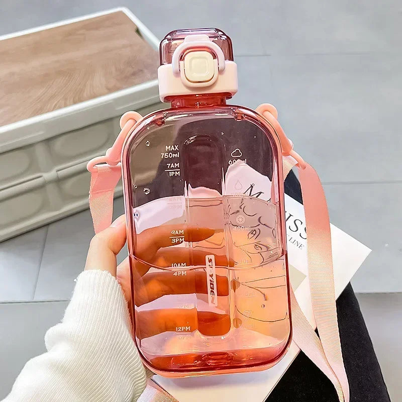 Premium Transparent Water Bottle – 750ML Portable Travel Canteen with Adjustable Strap – Elegant Slim Design for Sports, 