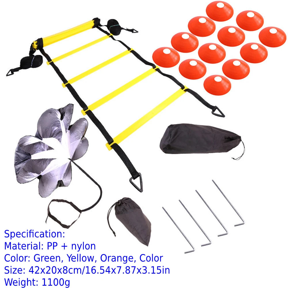 Premium Agility Training Kit for Football & Soccer – Speed Ladder, Balance Disc Cones, Chute Running Umbrella, Stakes &