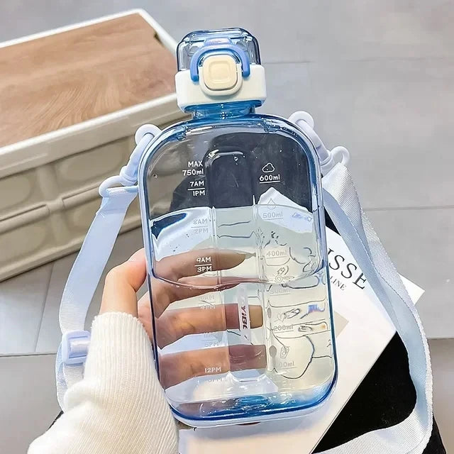 Premium Transparent Water Bottle – 750ML Portable Travel Canteen with Adjustable Strap – Elegant Slim Design for Sports, 