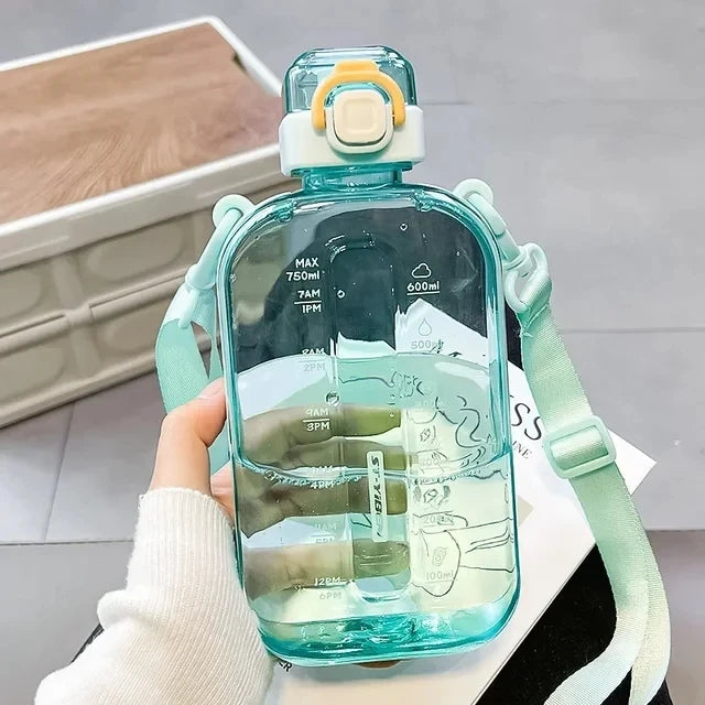 Premium Transparent Water Bottle – 750ML Portable Travel Canteen with Adjustable Strap – Elegant Slim Design for Sports, 