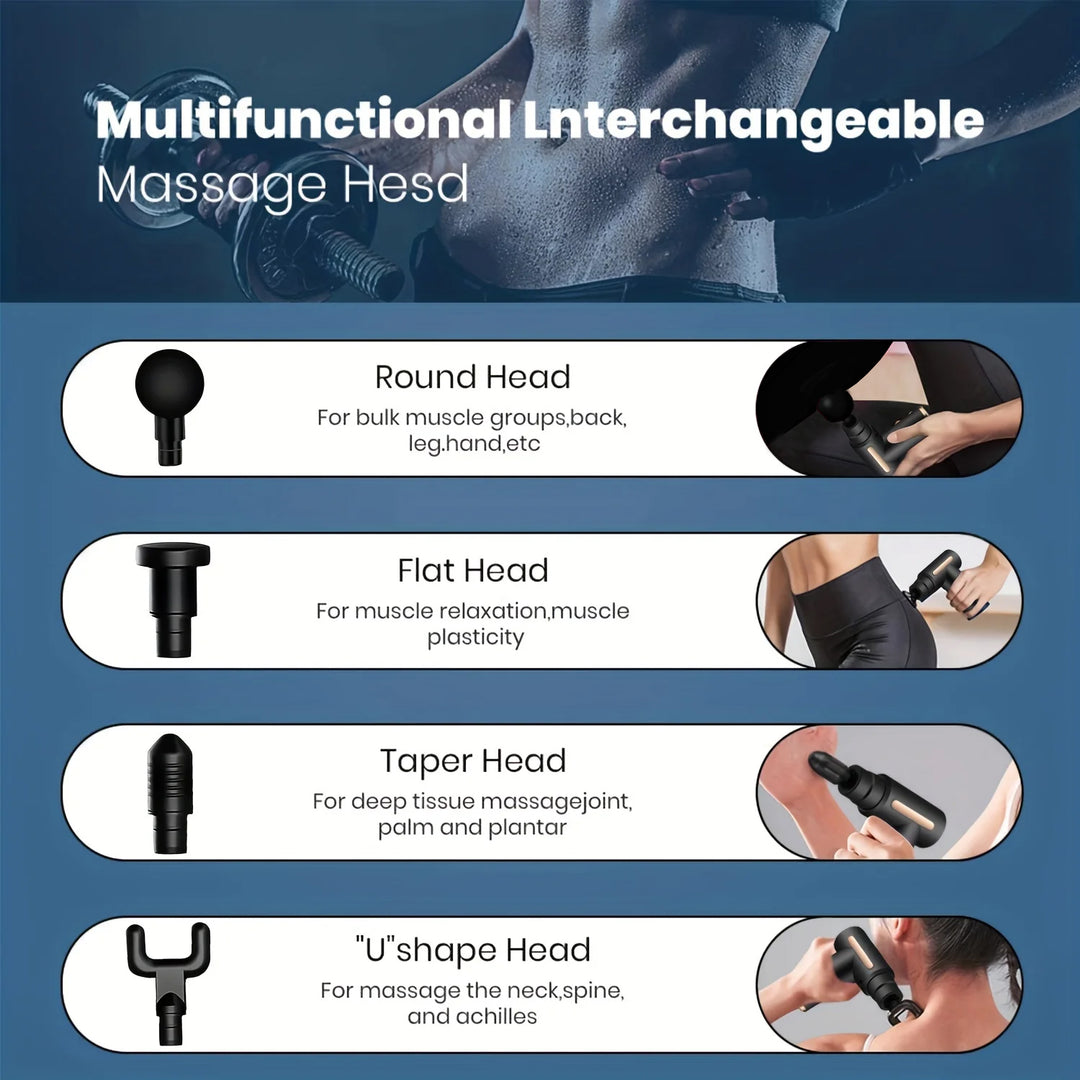 High-Quality Portable Massage Gun, 6-Speed Deep Tissue Percussion Massager with 4 Replaceable Heads, Rechargeable USB-Powered