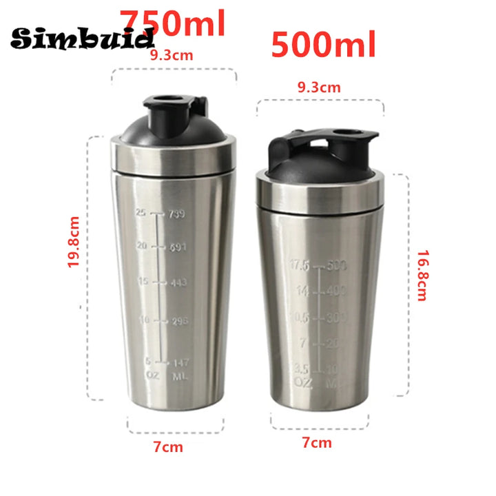 Premium Stainless Steel Protein Powder Shaker Bottle – 500ML/750ML Leak-Proof Gym Fitness Cup – Steel Ball for Smooth Mixing 