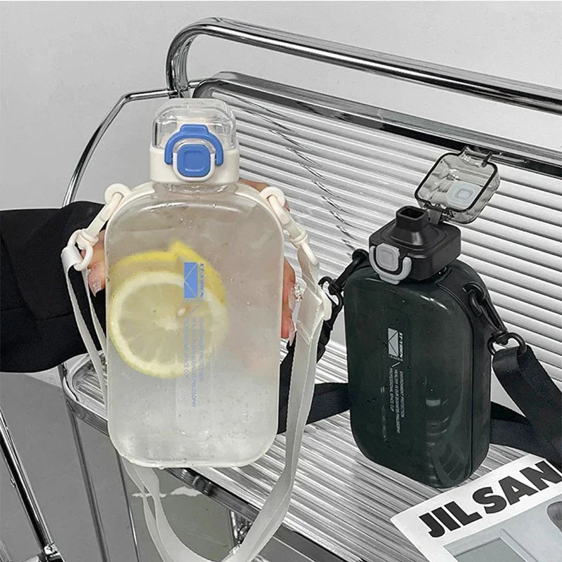 Premium Transparent Water Bottle – 750ML Portable Travel Canteen with Adjustable Strap – Elegant Slim Design for Sports, 