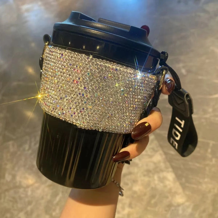 Premium Large Capacity Rhinestone-Encrusted Portable Water Cup – Luxury Direct Drink Coffee Cup with Elegant Chain – Stylish 