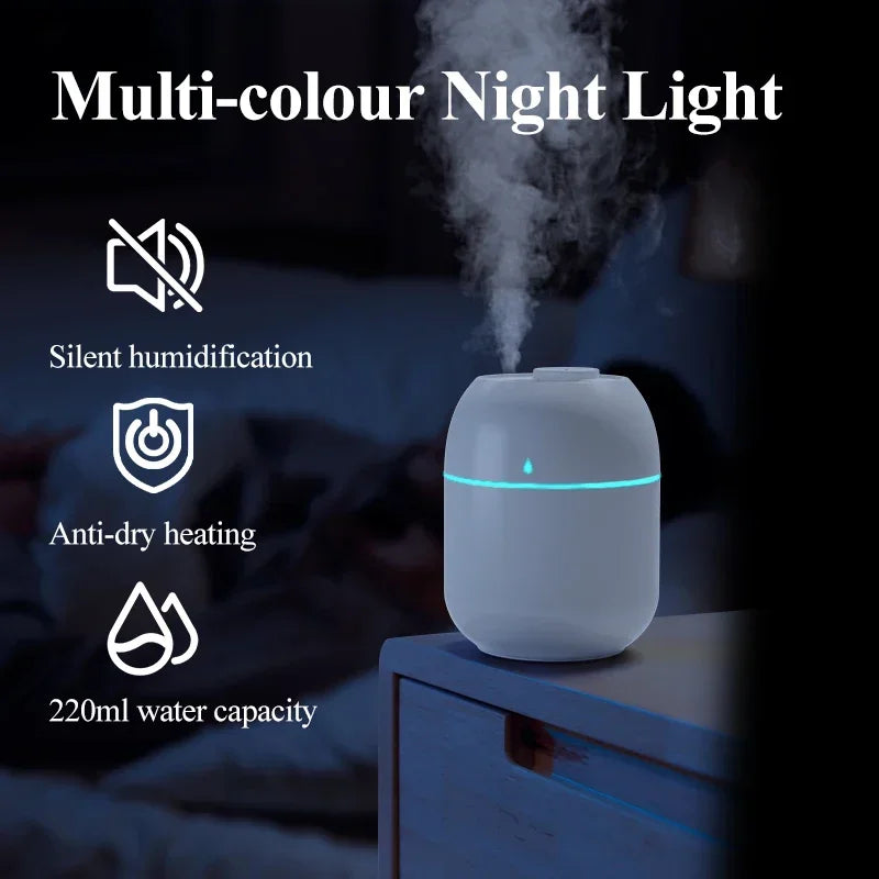 High Quality Portable Mini Ultrasonic Humidifier – USB Essential Oil Diffuser, Indoor Quiet Mist Maker, 220ml Water Tank,