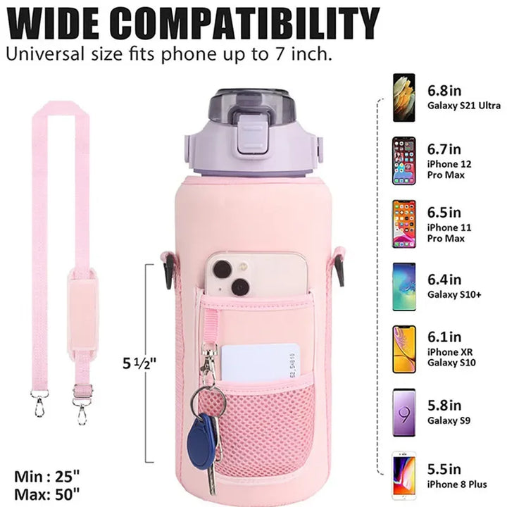 Premium 2L Water Bottle Sleeve with Pop-Up Straw – Leakproof Half Gallon Jug, Insulated Holder, Storage Pockets for Phone,  