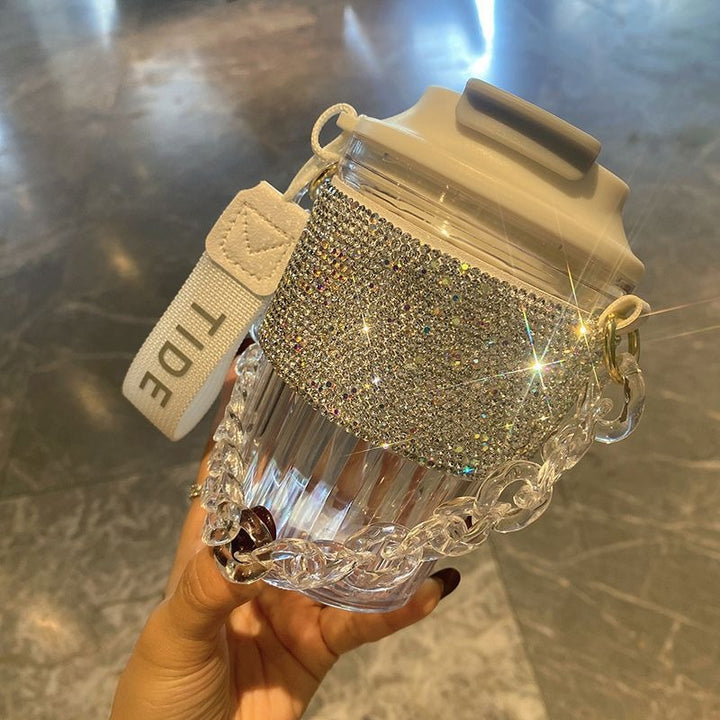 Premium Large Capacity Rhinestone-Encrusted Portable Water Cup – Luxury Direct Drink Coffee Cup with Elegant Chain – Stylish 