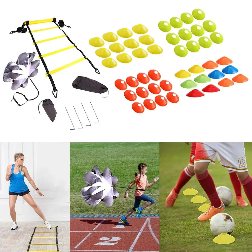 Premium Agility Training Kit for Football & Soccer – Speed Ladder, Balance Disc Cones, Chute Running Umbrella, Stakes &