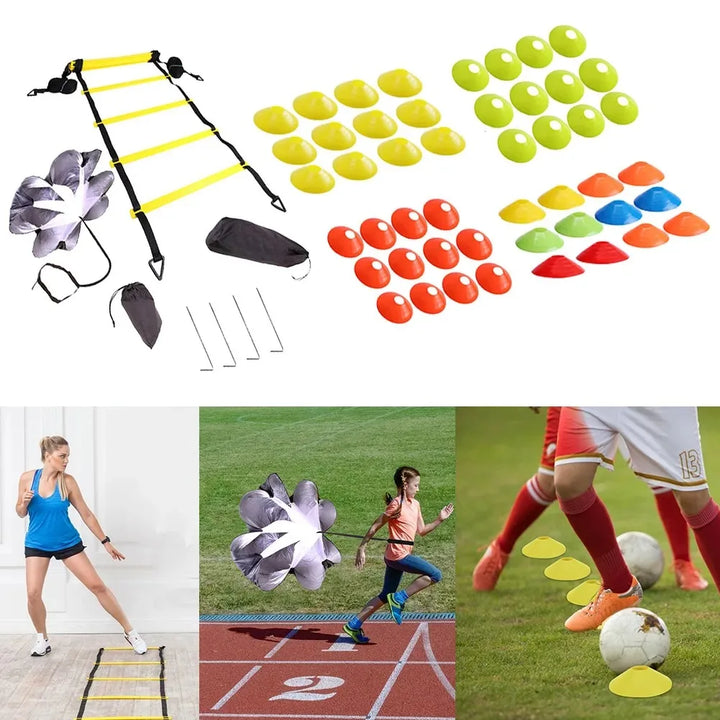 Premium Agility Training Kit for Football & Soccer – Speed Ladder, Balance Disc Cones, Chute Running Umbrella, Stakes &