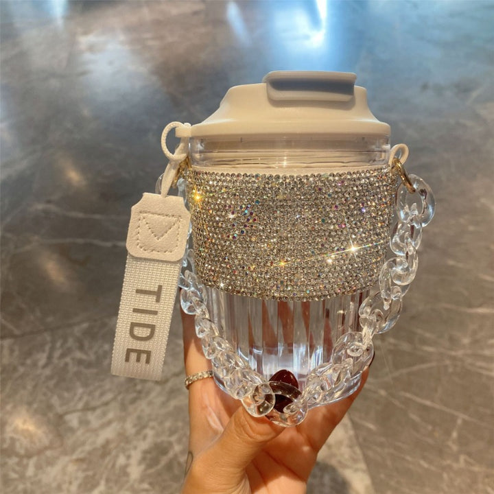 Premium Large Capacity Rhinestone-Encrusted Portable Water Cup – Luxury Direct Drink Coffee Cup with Elegant Chain – Stylish 