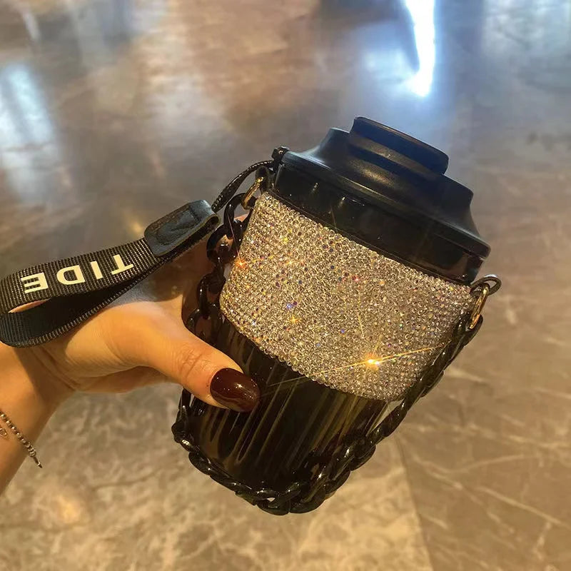 Premium Large Capacity Rhinestone-Encrusted Portable Water Cup – Luxury Direct Drink Coffee Cup with Elegant Chain – Stylish 